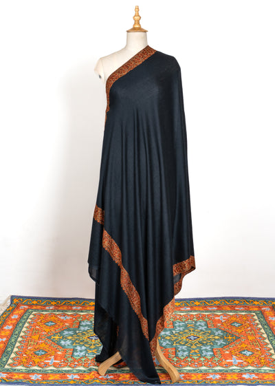 2.5 Yards | Siyah-e-Gulzar — Sozni Hand-Embroidered Shawl in Midnight Black with Rust & Olive Floral Border