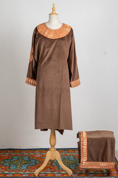 Chocolate Brown Velvet Pheran Set - 2 Pcs with Tilla Embroidery, Stole, and Trouser