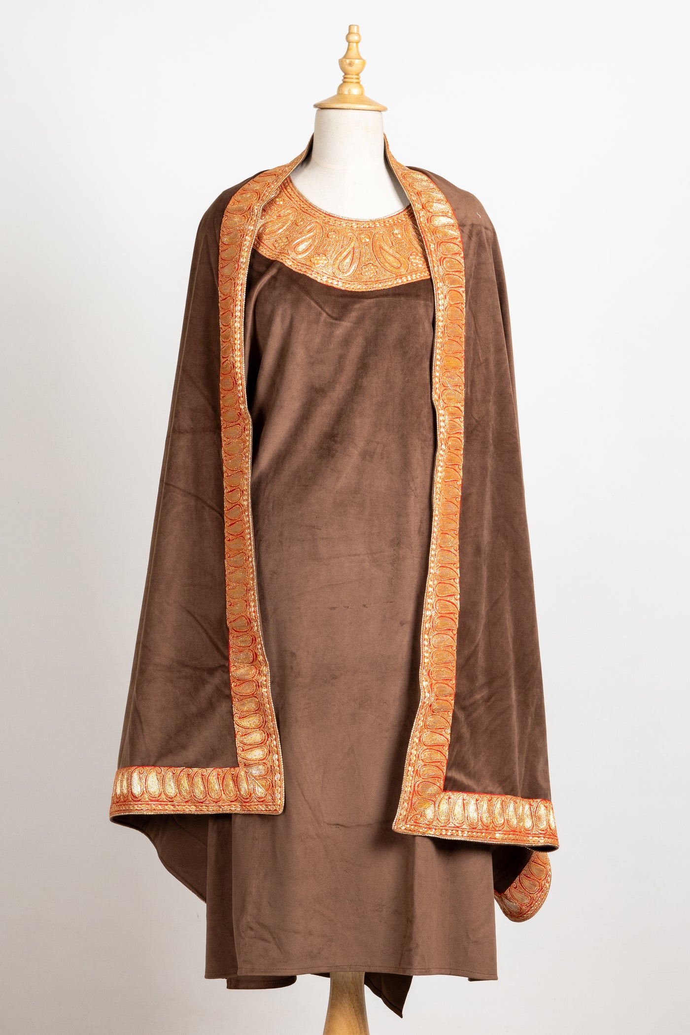 Chocolate Brown Velvet Pheran Set - 2 Pcs with Tilla Embroidery, Stole, and Trouser