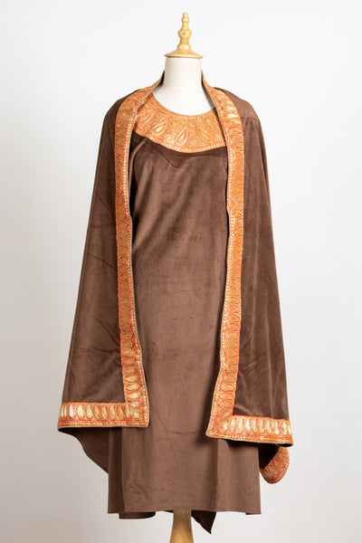 Chocolate Brown Velvet Pheran Set - 2 Pcs with Tilla Embroidery, Stole, and Trouser