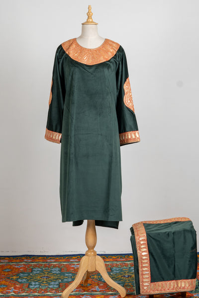 Forest Green Velvet suit Set - 2 Pcs with Tilla Embroidered Stole and Trouser