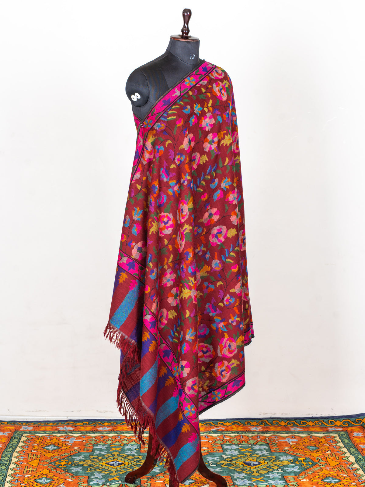 Crimson Bloom Pure Pashmina Hand Woven Kani Shawl