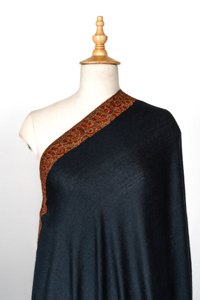2.5 Yards | Siyah-e-Gulzar — Sozni Hand-Embroidered Shawl in Midnight Black with Rust & Olive Floral Border