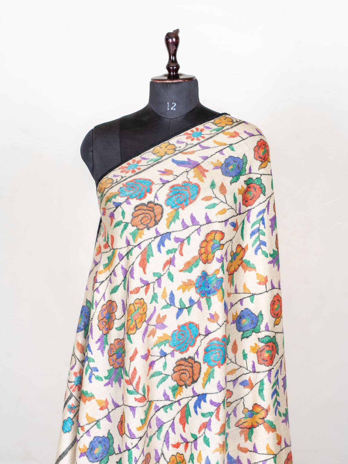 Ivory Rose Vine Hand Woven Kani Pure Pashmina Shawl