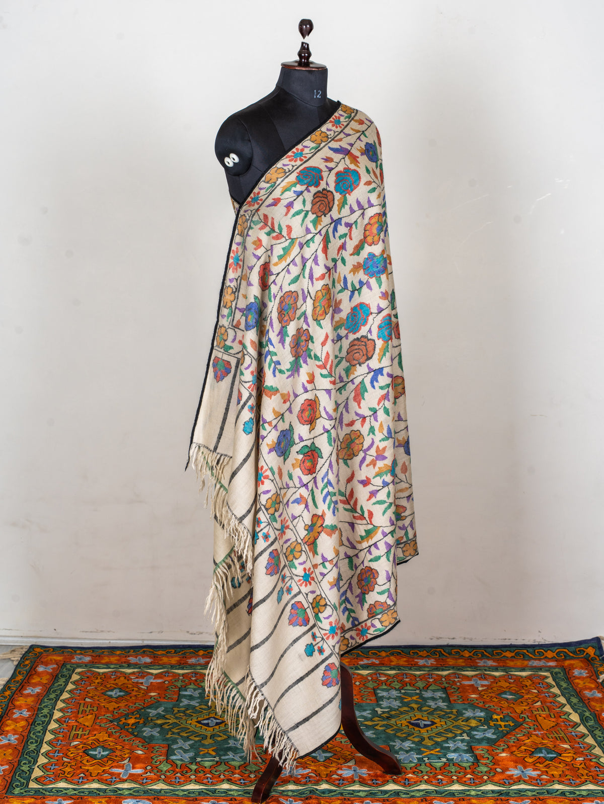 Ivory Rose Vine Hand Woven Kani Pure Pashmina Shawl