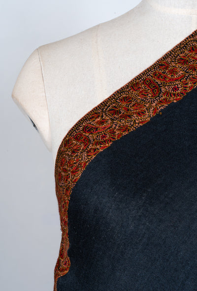 2.5 Yards | Siyah-e-Gulzar — Sozni Hand-Embroidered Shawl in Midnight Black with Rust & Olive Floral Border