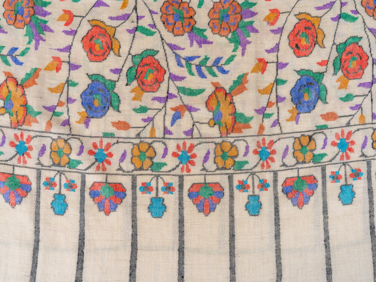 Ivory Rose Vine Hand Woven Kani Pure Pashmina Shawl