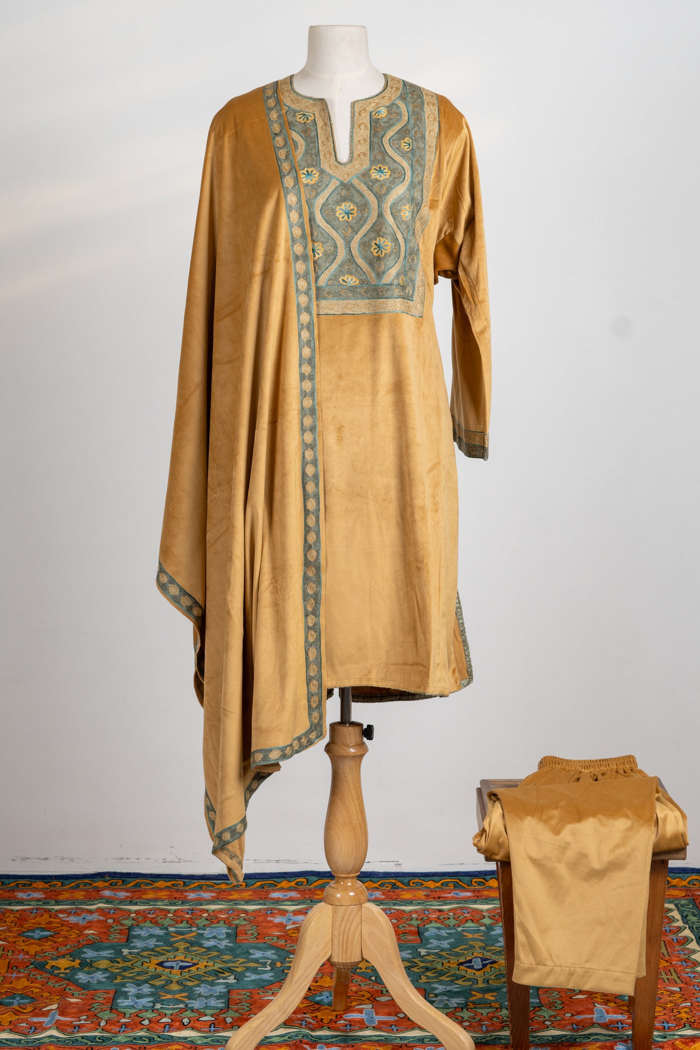 Golden Ochre Velvet Suit Ensemble - 3 Pcs with Aari Embroidered Stole and Trouser