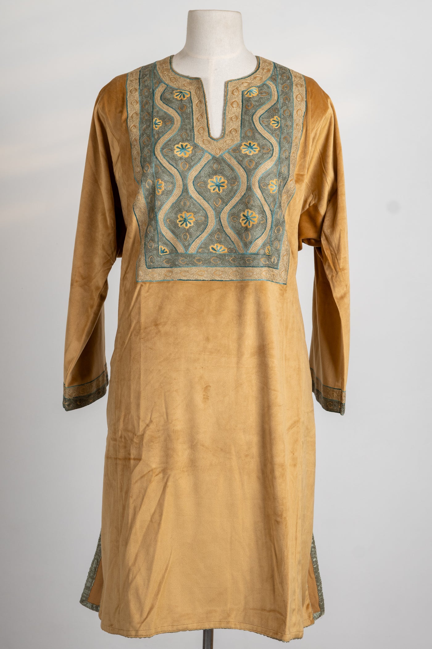 Golden Ochre Velvet Suit Ensemble - 3 Pcs with Aari Embroidered Stole and Trouser