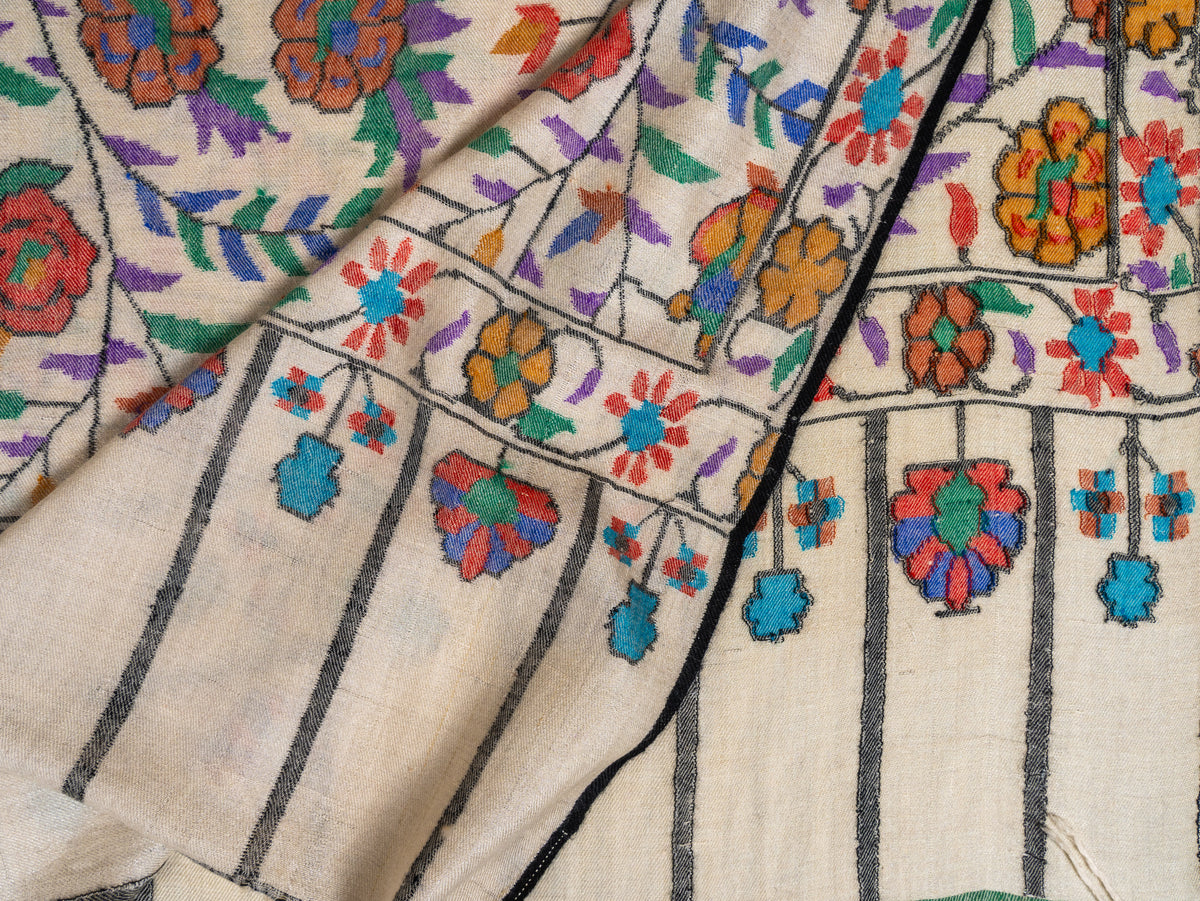 Ivory Rose Vine Hand Woven Kani Pure Pashmina Shawl