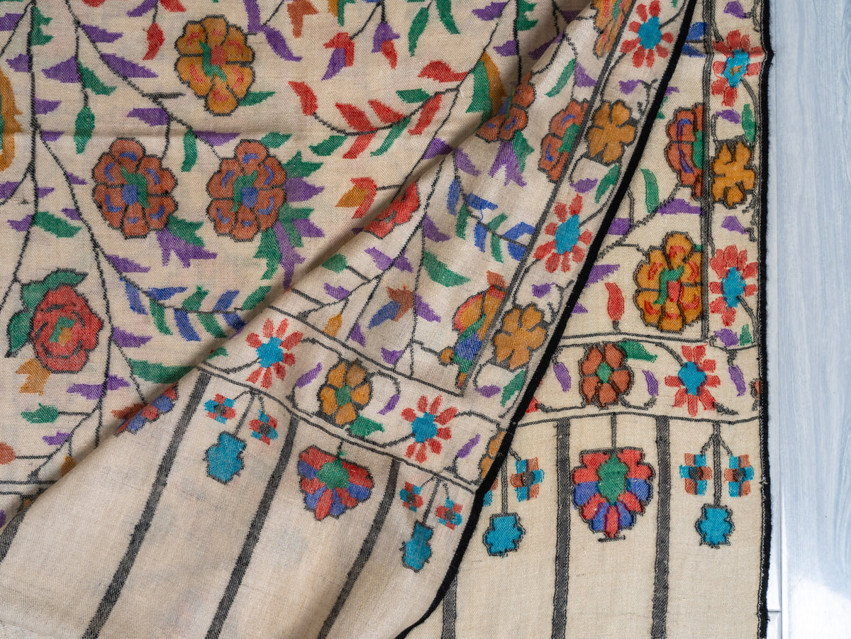 Ivory Rose Vine Hand Woven Kani Pure Pashmina Shawl