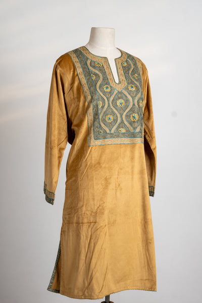 Golden Ochre Velvet Suit Ensemble - 3 Pcs with Aari Embroidered Stole and Trouser