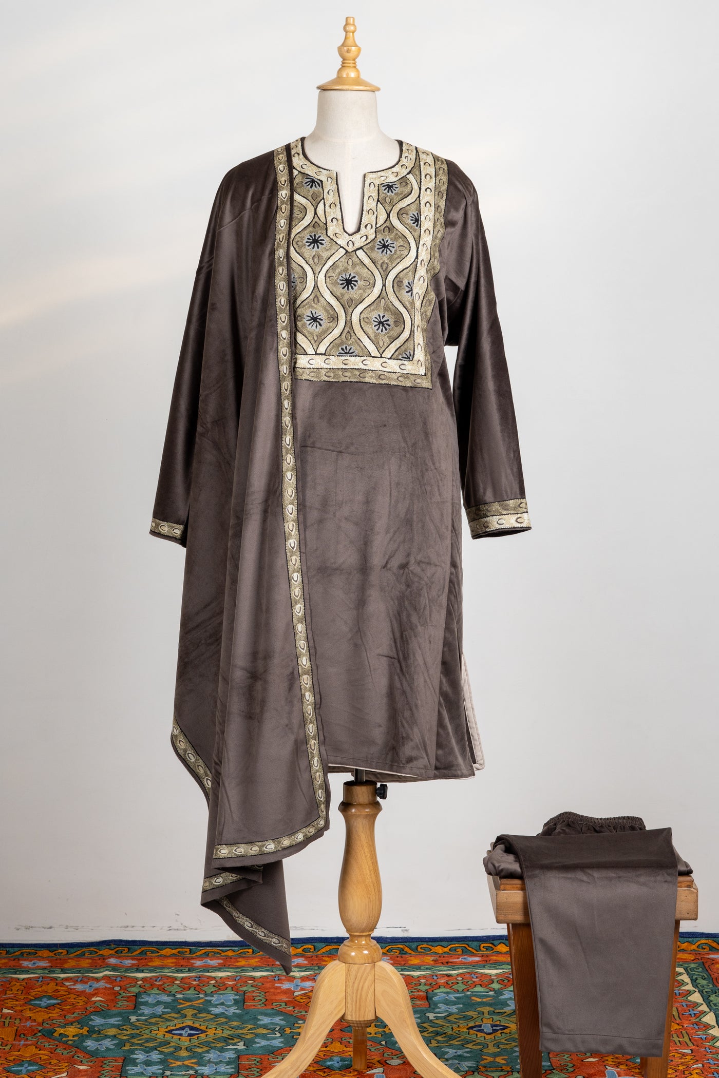 Mocha Brown Velvet Suit Set - 3 Pcs with Embroidered Stole and Trouser