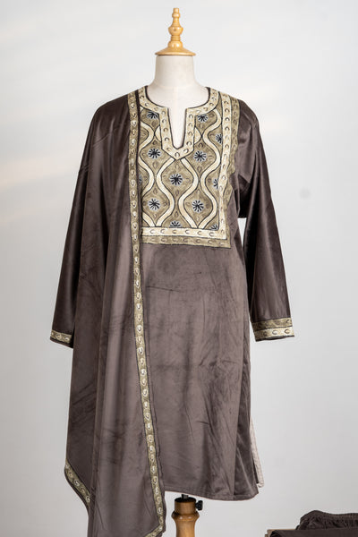 Mocha Brown Velvet Suit Set - 3 Pcs with Embroidered Stole and Trouser