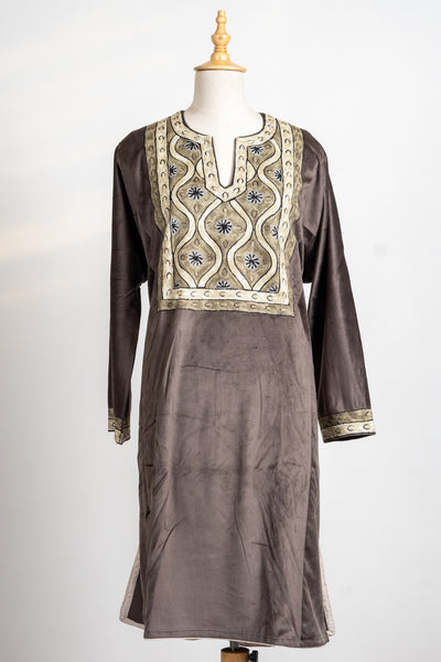 Mocha Brown Velvet Suit Set - 3 Pcs with Embroidered Stole and Trouser