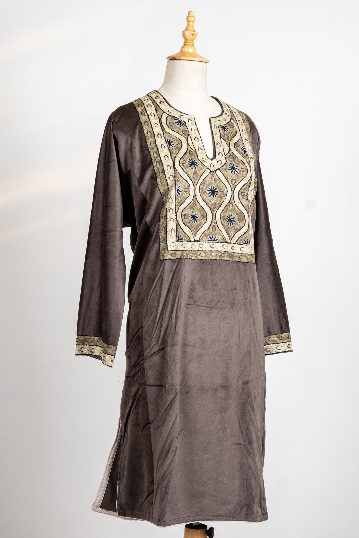 Mocha Brown Velvet Suit Set - 3 Pcs with Embroidered Stole and Trouser