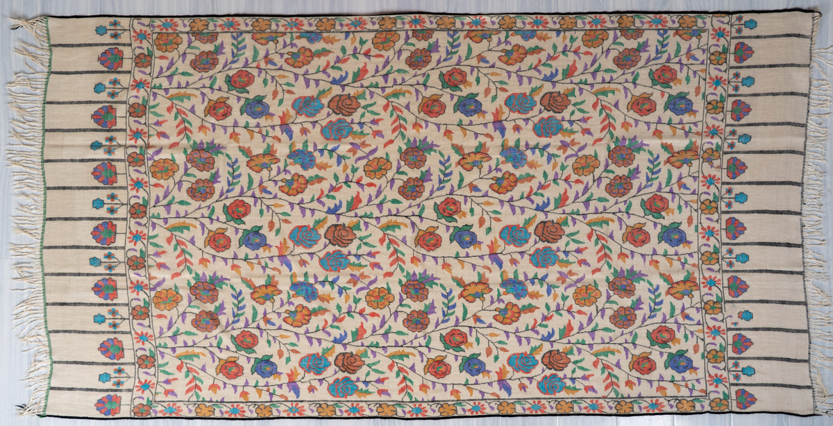 Ivory Rose Vine Hand Woven Kani Pure Pashmina Shawl
