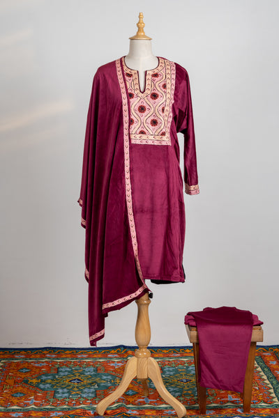 Majestic Plum aari suit - 3 Pcs with Stole and Tilla-Embroidered Trouser