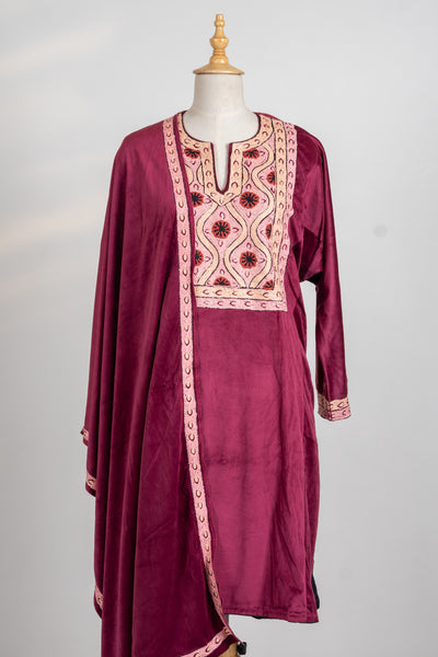 Majestic Plum aari suit - 3 Pcs with Stole and Tilla-Embroidered Trouser