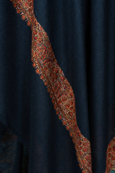2.5 Yards | Siyah-e-Gulzar — Sozni Hand-Embroidered Shawl in Midnight Black with Rust & Olive Floral Border
