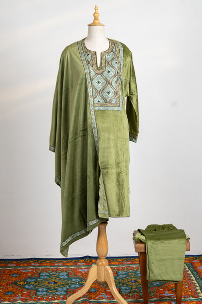 Serene Olive Velvet Suit Set - 3 Pcs with Embroidered Stole and Aari Trouser