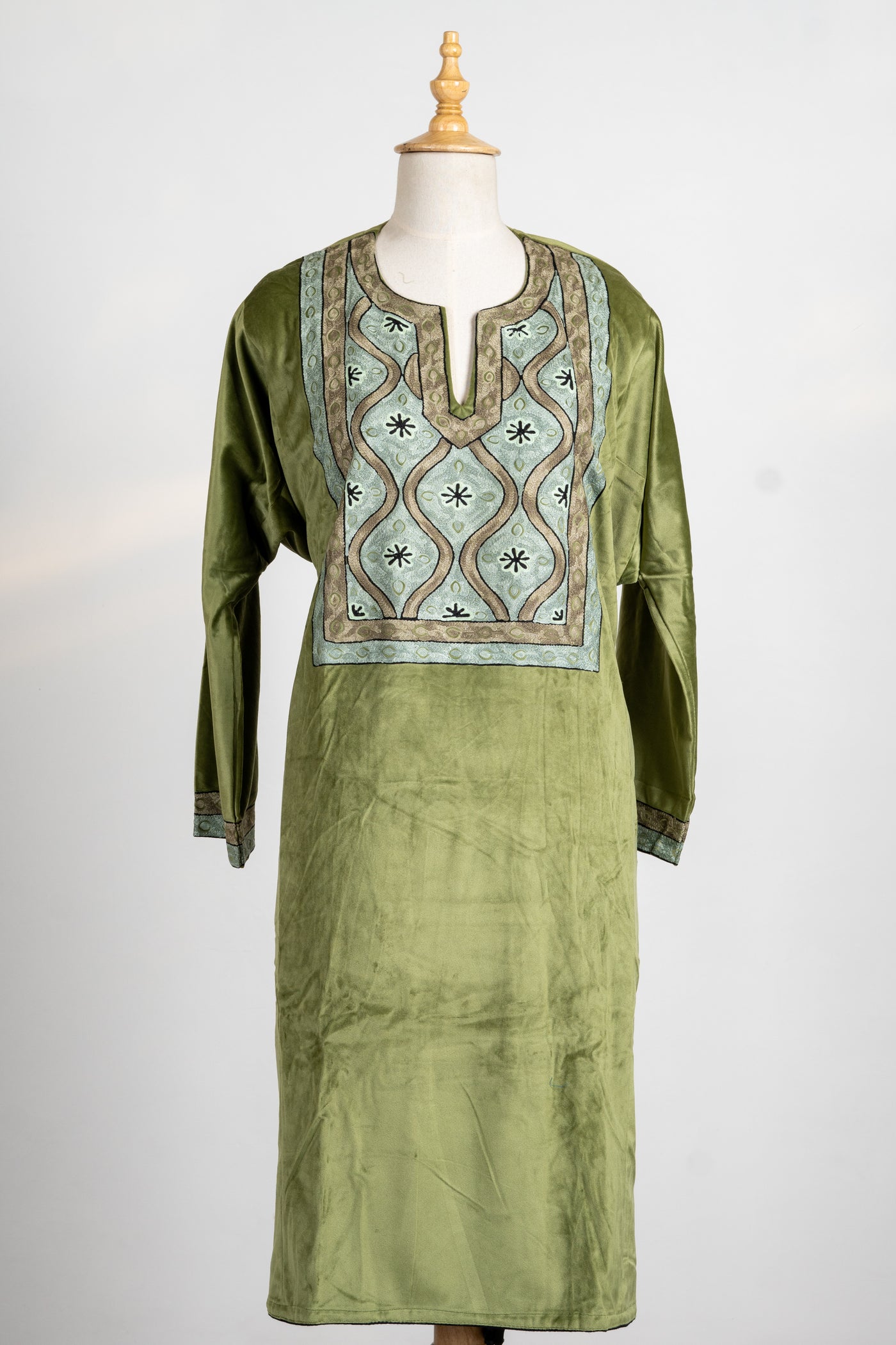 Serene Olive Velvet Suit Set - 3 Pcs with Embroidered Stole and Aari Trouser