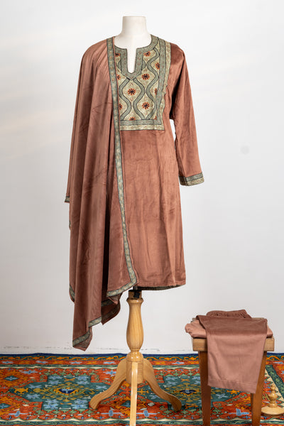 Earthy Chestnut Velvet Suit- 3 Pcs with Aari Embroidered Stole and Trouser