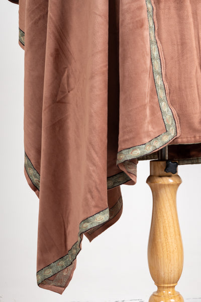 Earthy Chestnut Velvet Suit- 3 Pcs with Aari Embroidered Stole and Trouser