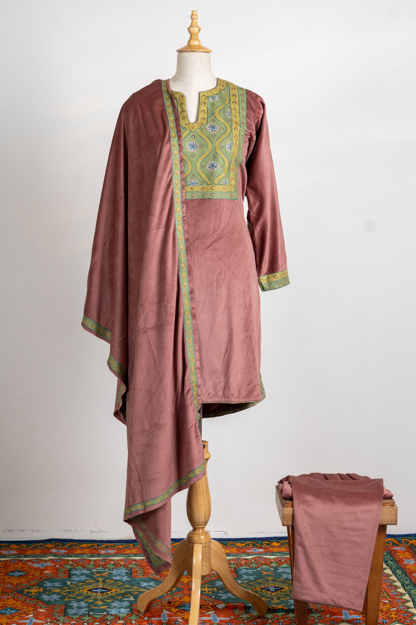 Burnished Copper Velvet Suit- 3 Pcs with Aari Work Stole and Trouser