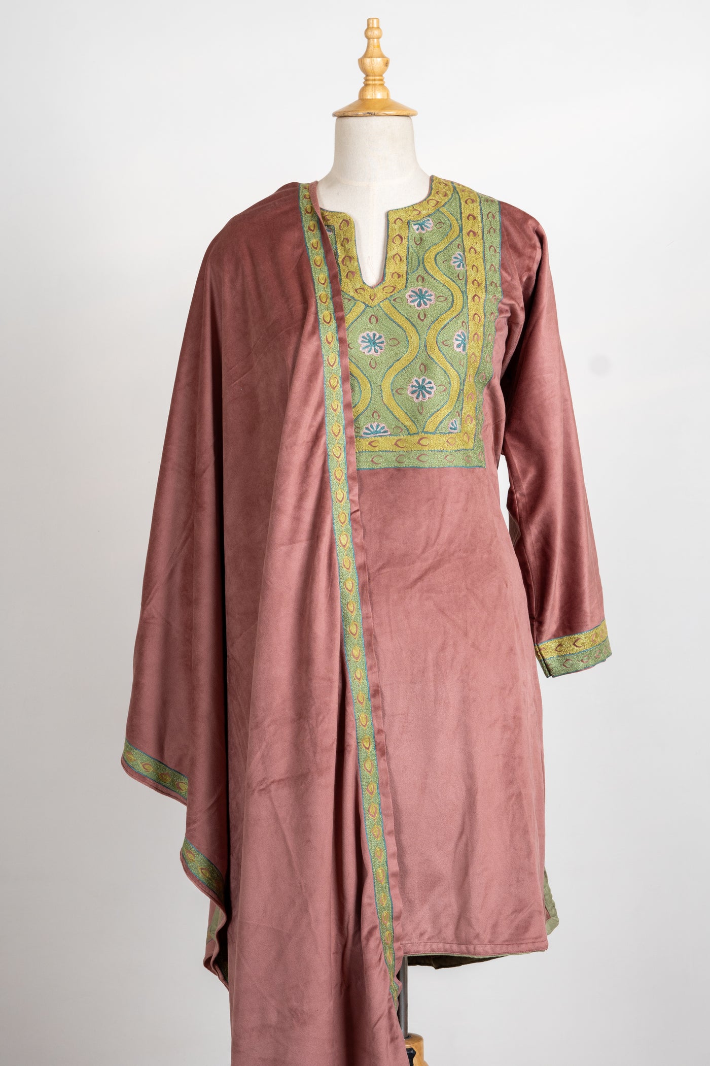 Burnished Copper Velvet Suit- 3 Pcs with Aari Work Stole and Trouser