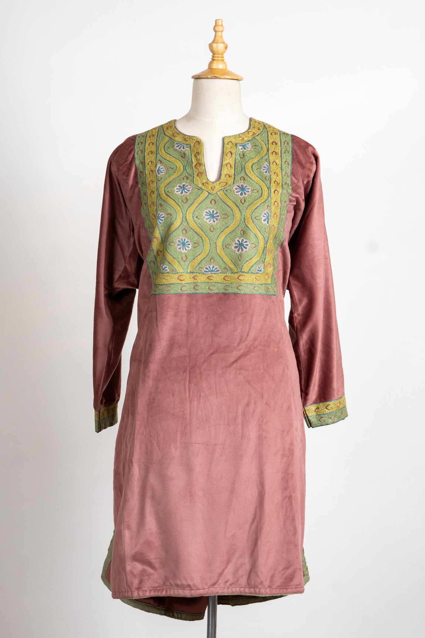 Burnished Copper Velvet Suit- 3 Pcs with Aari Work Stole and Trouser