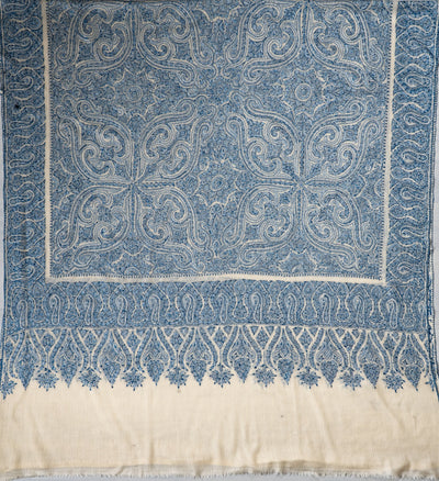 2.5 Yards | Neel Jamawar — Sozni Hand-Embroidered Shawl in Ivory & Sapphire Blue