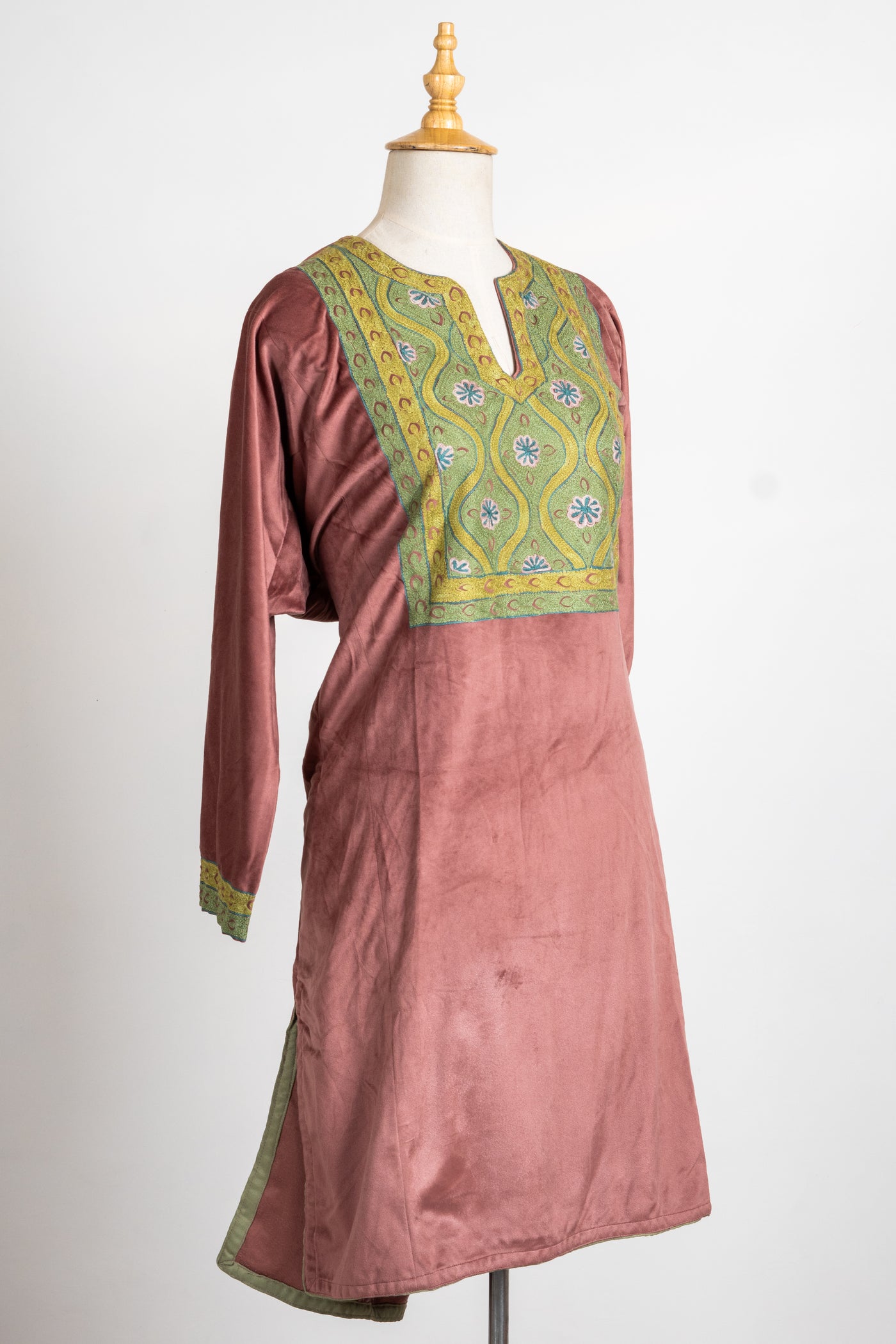 Burnished Copper Velvet Suit- 3 Pcs with Aari Work Stole and Trouser