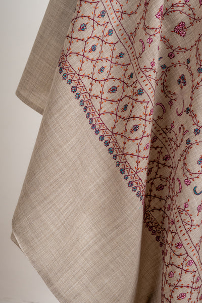 Arzoo Beige: Sozni Hand Embroidered merino wool Shawl