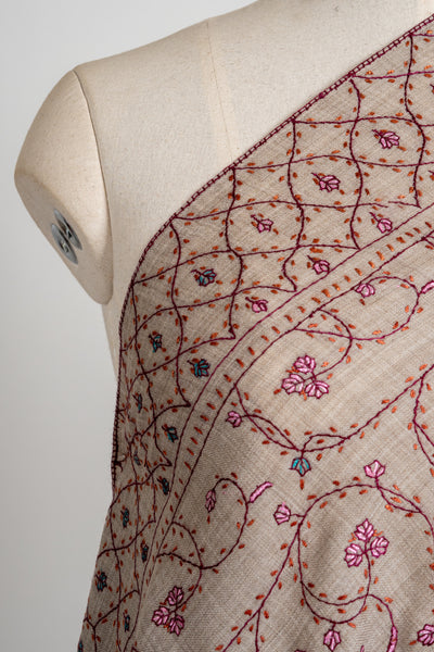 Arzoo Beige: Sozni Hand Embroidered merino wool Shawl