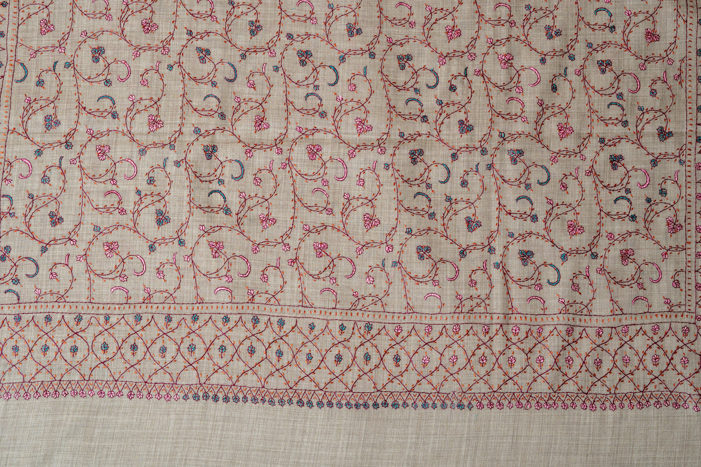 Arzoo Beige: Sozni Hand Embroidered merino wool Shawl