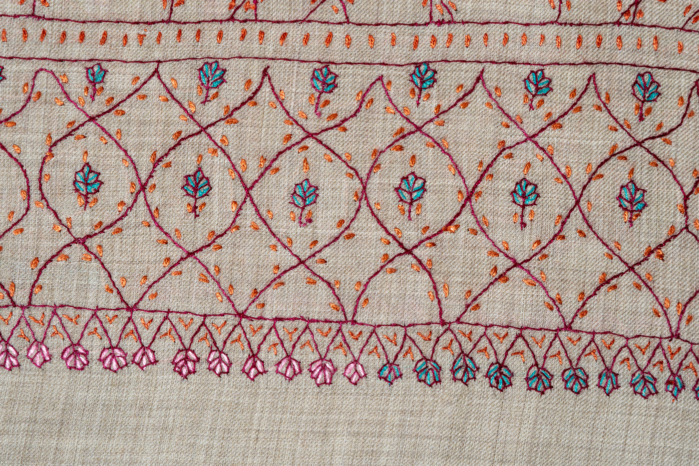 Arzoo Beige: Sozni Hand Embroidered merino wool Shawl