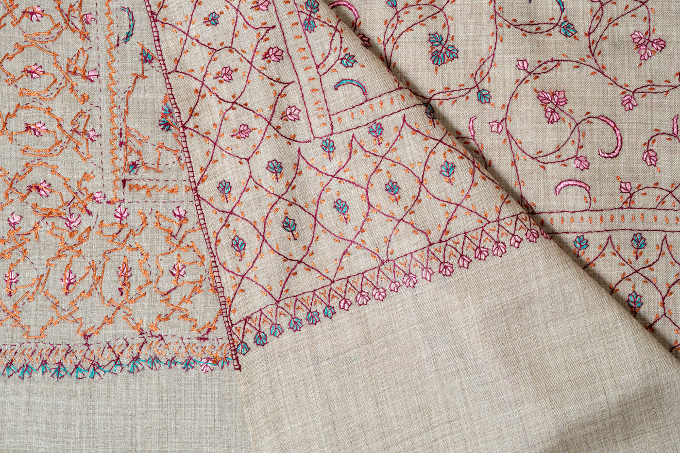 Arzoo Beige: Sozni Hand Embroidered merino wool Shawl