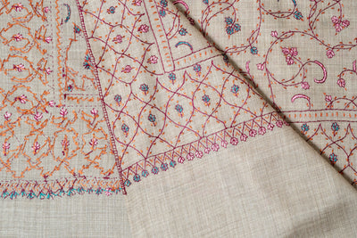 Arzoo Beige: Sozni Hand Embroidered merino wool Shawl