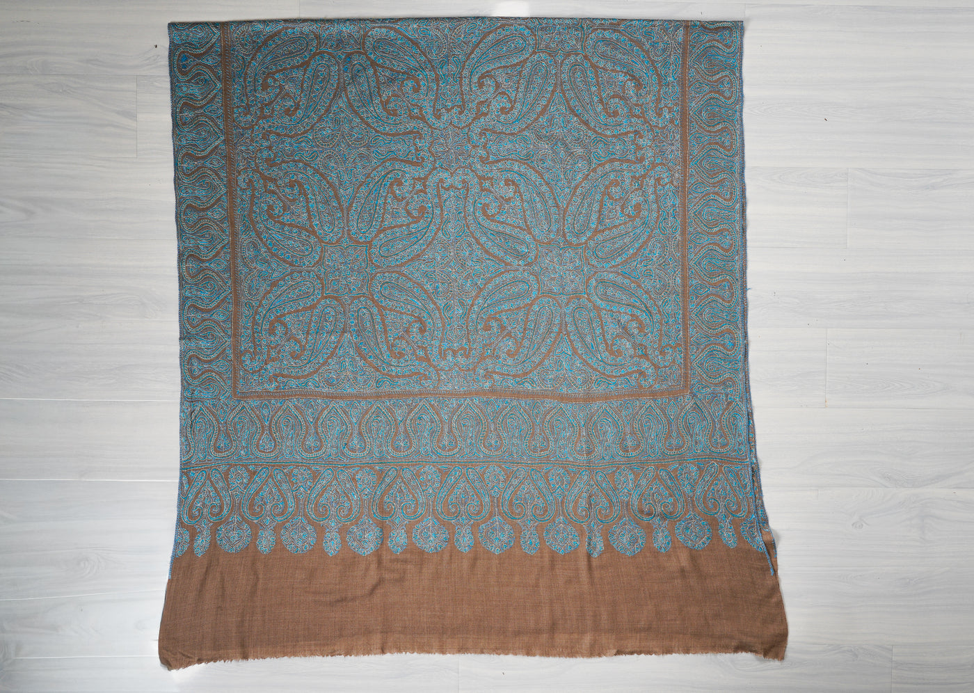 2.5 Yards | Neelab-e-Zamindar — Sozni Jamawar Shawl in Beige with Azure Embroidery