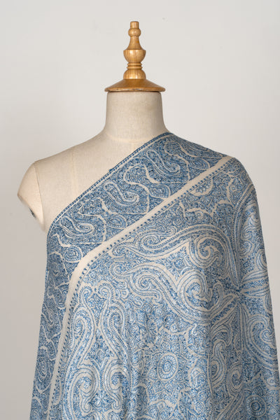 2.5 Yards | Neel Jamawar — Sozni Hand-Embroidered Shawl in Ivory & Sapphire Blue