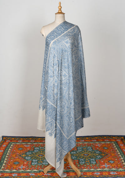 2.5 Yards | Neel Jamawar — Sozni Hand-Embroidered Shawl in Ivory & Sapphire Blue