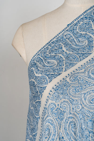 2.5 Yards | Neel Jamawar — Sozni Hand-Embroidered Shawl in Ivory & Sapphire Blue