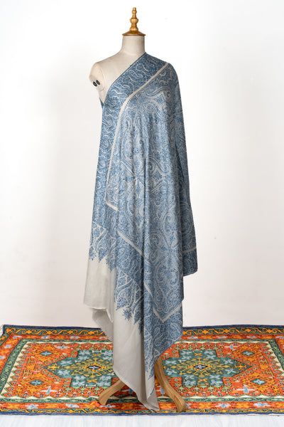 2.5 Yards | Neel Jamawar — Sozni Hand-Embroidered Shawl in Ivory & Sapphire Blue