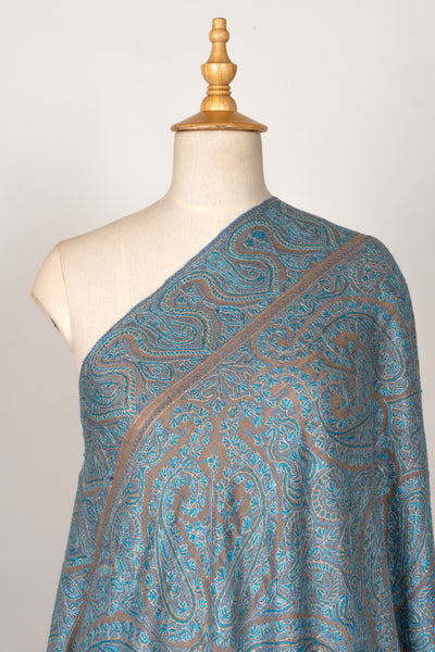 2.5 Yards | Neelab-e-Zamindar — Sozni Jamawar Shawl in Beige with Azure Embroidery