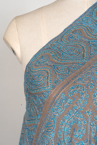2.5 Yards | Neelab-e-Zamindar — Sozni Jamawar Shawl in Beige with Azure Embroidery
