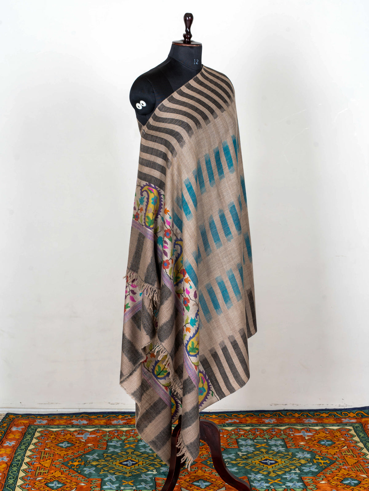 Teal Geometry Hand Woven Kani Pure Pashmina Shawl