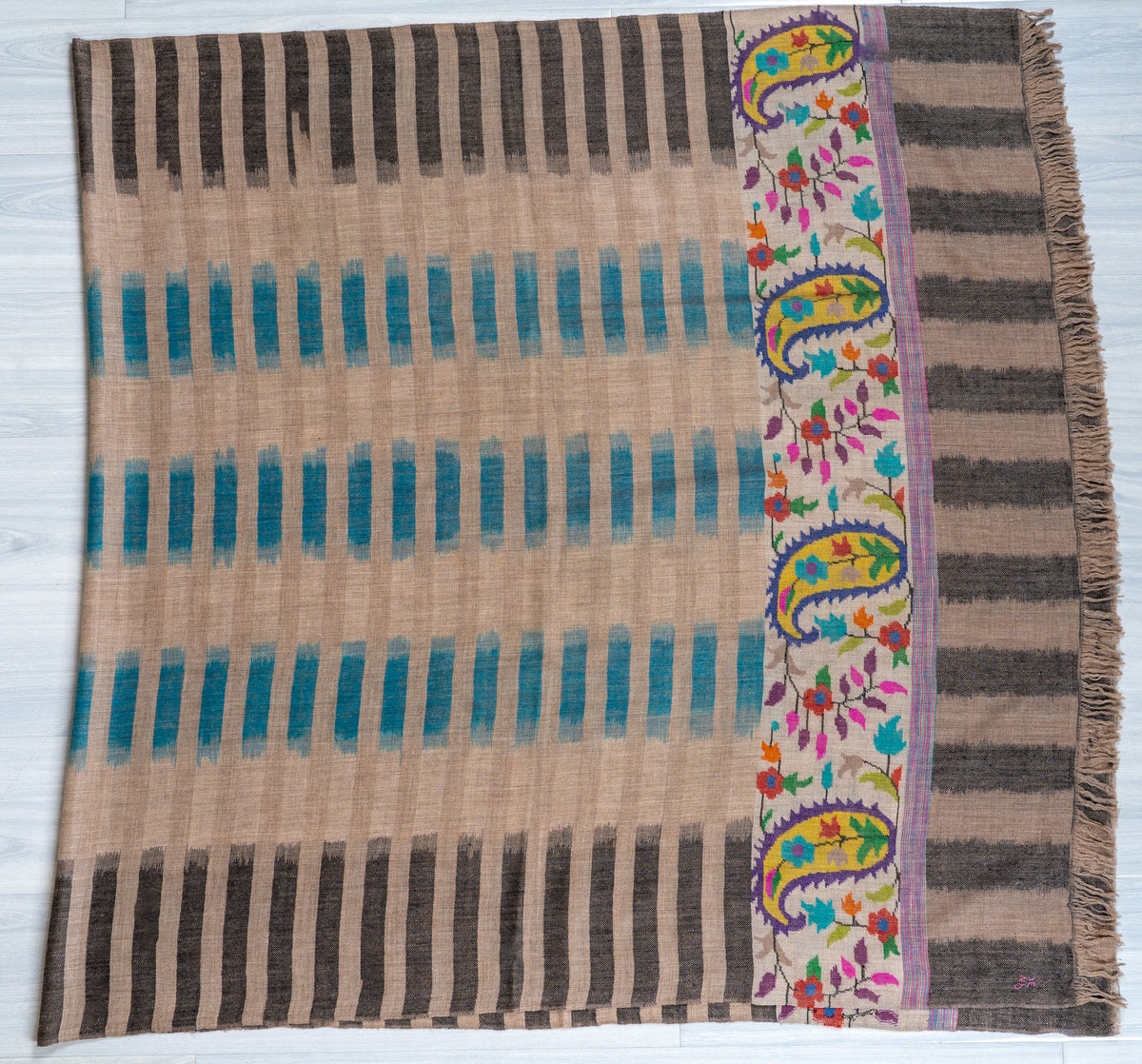 Teal Geometry Hand Woven Kani Pure Pashmina Shawl