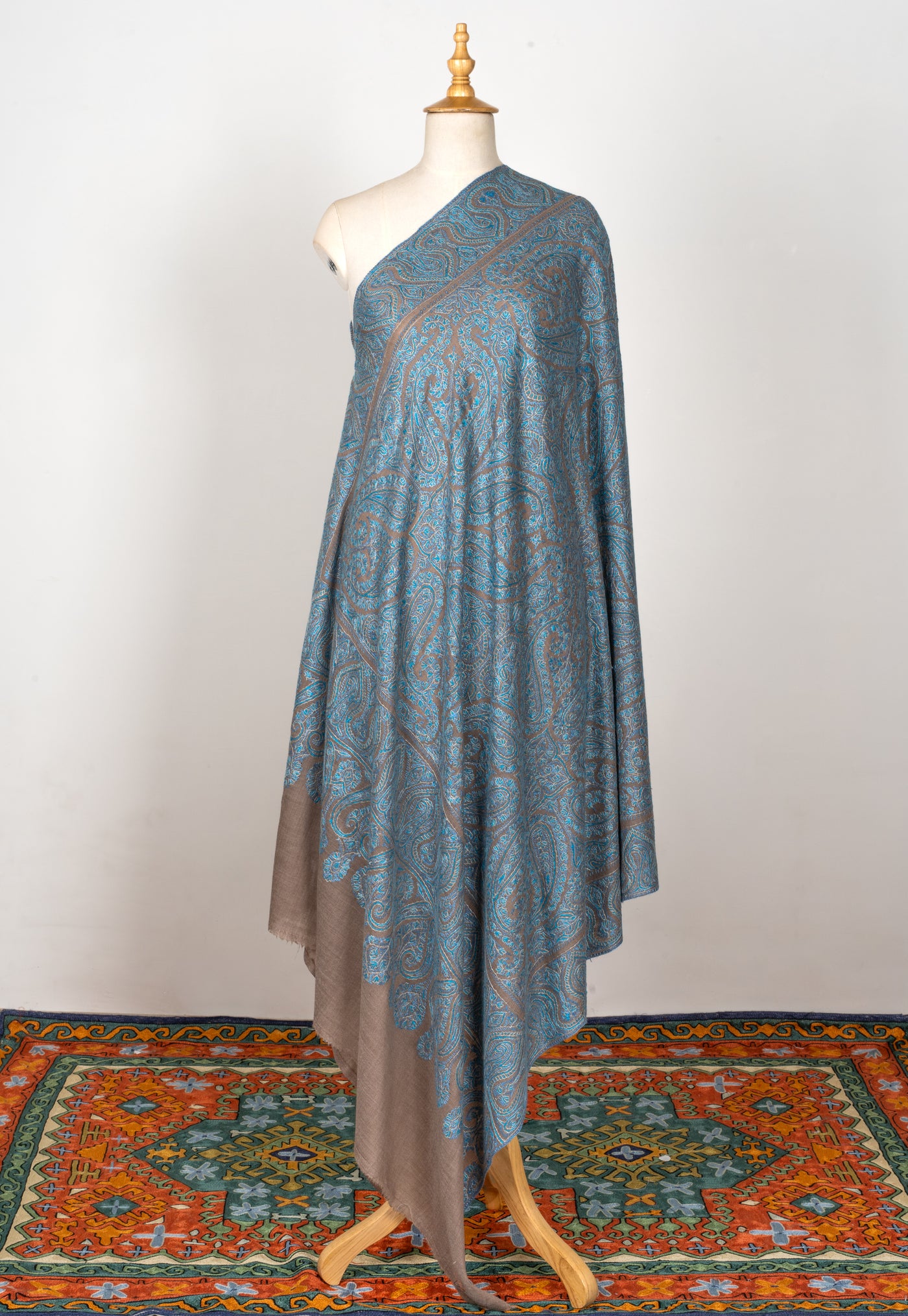 2.5 Yards | Neelab-e-Zamindar — Sozni Jamawar Shawl in Beige with Azure Embroidery