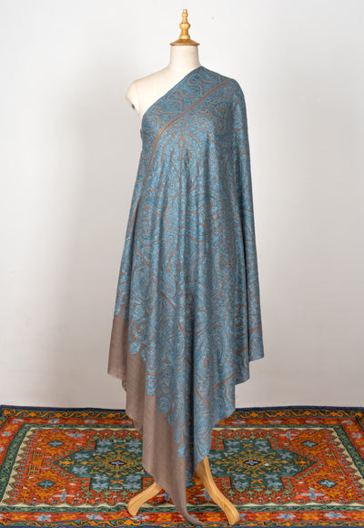 2.5 Yards | Neelab-e-Zamindar — Sozni Jamawar Shawl in Beige with Azure Embroidery